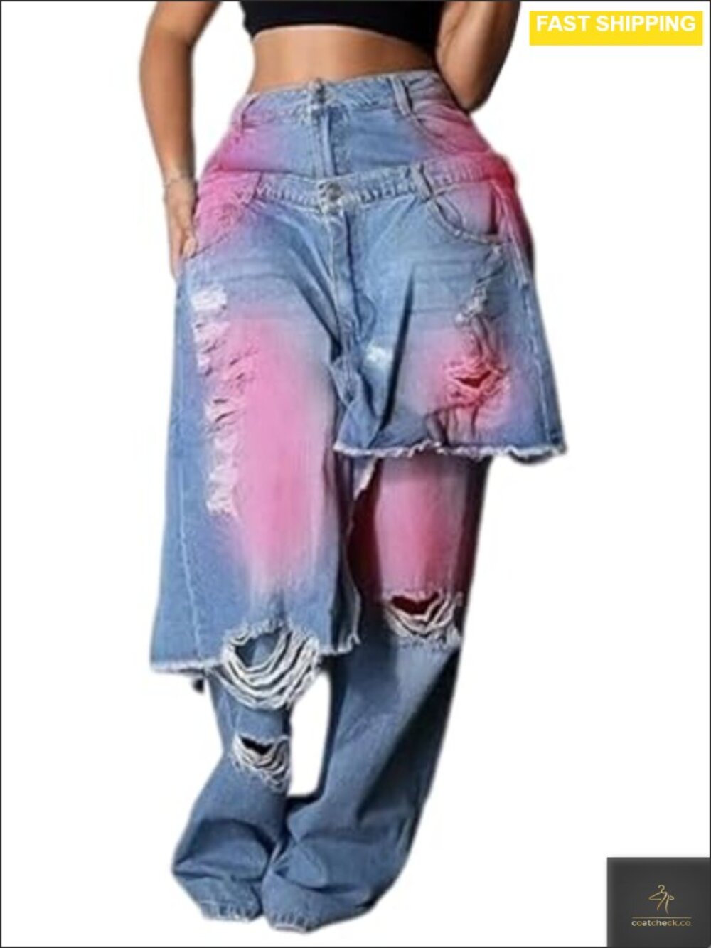 Women's Ripped Baggy High Waist Wide Leg Patchwork Jeans